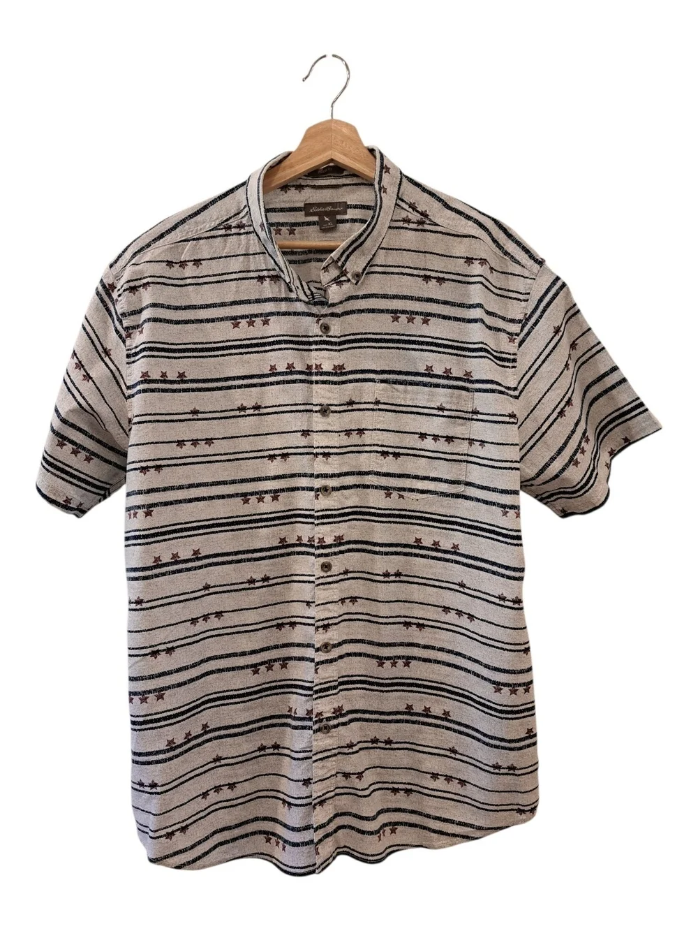 Eddie Bauer  Striped Short-Sleeve Button-Down Shirt with Red Star Detail Size XL